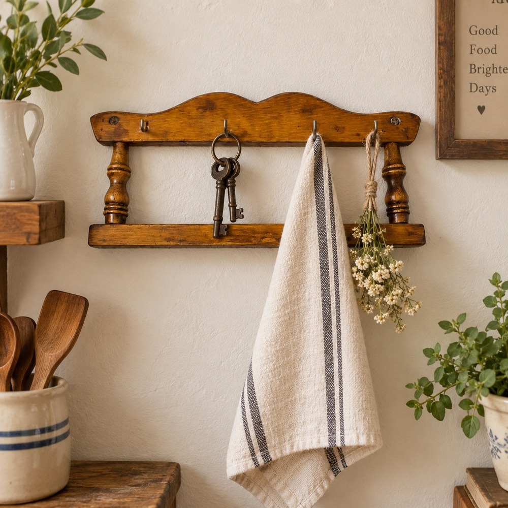 Vintage Wooden Kitchen Wall Rack 4 Hooks Towel Bar Turned Spindles 13" Rustic